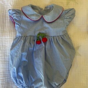 Blue Gingham Baby Romper with Cherry Detail and Coordinating Cardigan